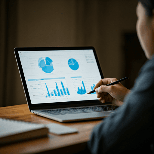 Laptop and charts representing research analysis and evidence generation.